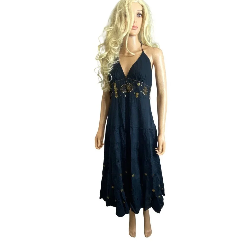 Vasna Women's Halter Cotton Midi Dress Black Boho Gold Coins Embellishments - Picture 4 of 15